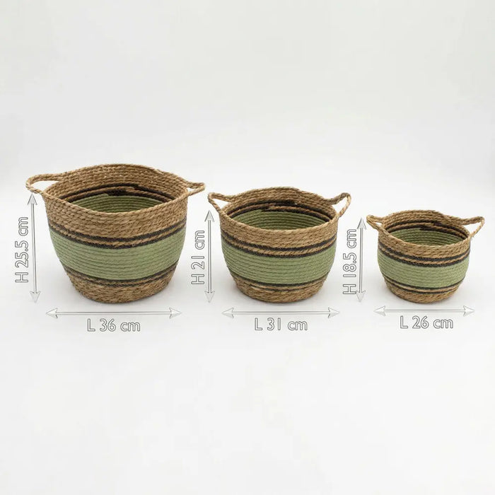 Set of three large woven seagrass and cotton baskets with olive green and brown stripes and two handles each