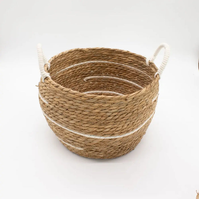 Natural woven seagrass basket with white stripes and cotton rope handles set of 3 cotton baskets