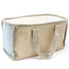 Large shopping basket made of beige and light blue woven fabric with sturdy handles for carrying and storage