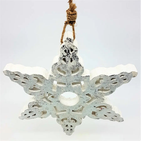 Large silver on white wooden snowflake hanging ornament with distressed finish and natural twine hanger