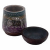Large soapstone oil burner in dark purple with hand carved elephant motif and leafy border with matching lid