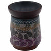 Large soapstone oil burner elephant with hand carved wooden base in purple black and gold with leaf and sunburst patterns