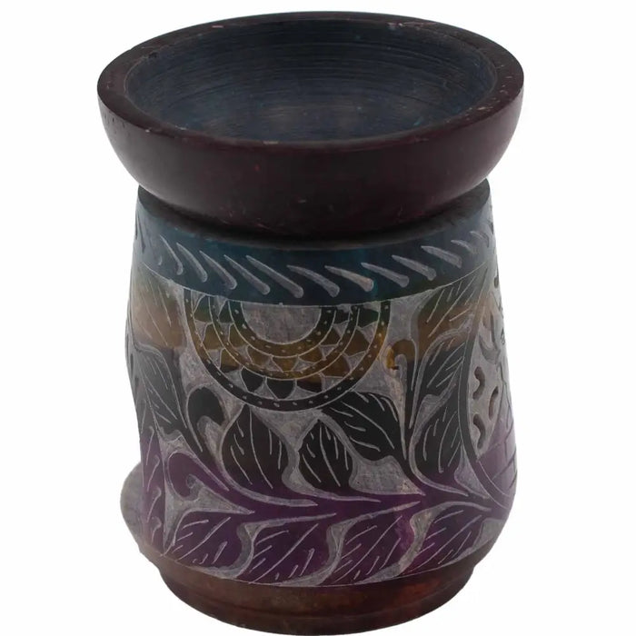 Large soapstone oil burner elephant with hand carved wooden base in purple black and gold with leaf and sunburst patterns