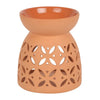 Large terracotta ceramic oil burner with leaf cut-out design for home decor and aromatherapy use