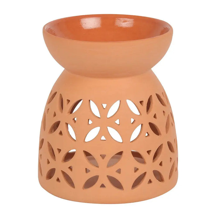 Large terracotta ceramic oil burner with leaf cut-out design for home decor and aromatherapy use