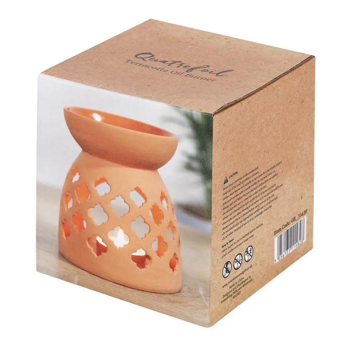 Large terracotta oil burner in natural clay with decorative lattice pattern and smooth bowl for home decor use