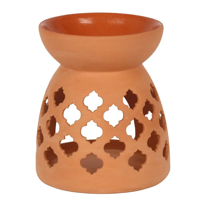 Large terracotta ceramic oil burner with intricate quatrefoil cutouts for home decor and aromatic use