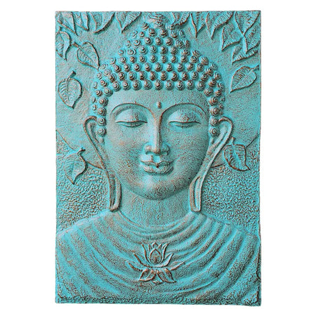 Large turquoise buddha relief wall plaque with textured surface and raised leaf and lotus motifs in ceramic material