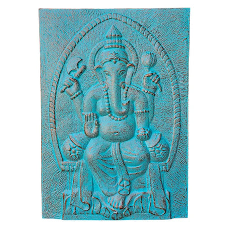 Large turquoise ganesha relief wall plaque showing ganesha seated in an ornate arch with detailed texture