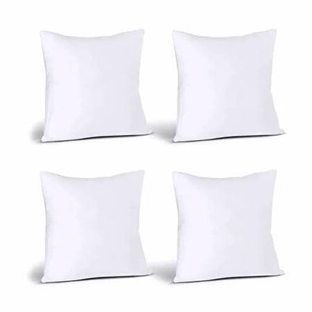 Set of four white square throw pillows with pet fibre filling sized to fit 45cm by 45cm cushion covers
