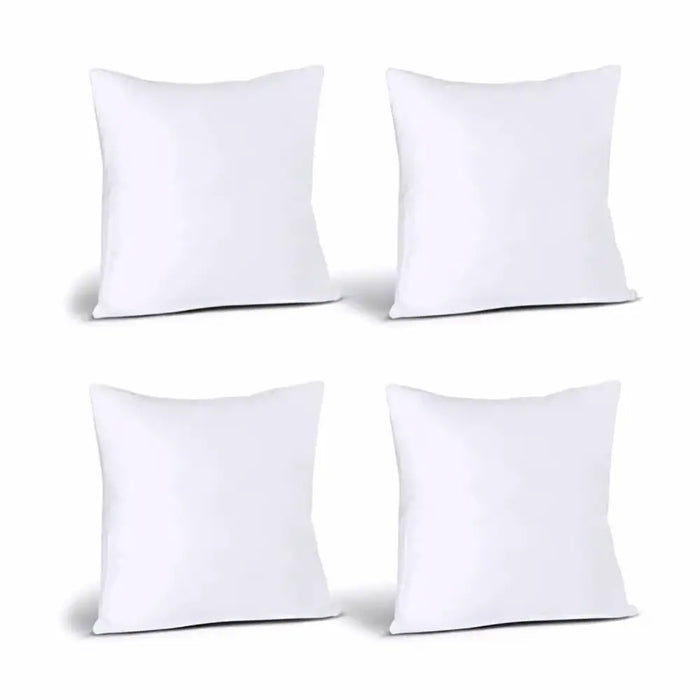 Set of four white square throw pillows with pet fibre filling sized to fit 45cm by 45cm cushion covers
