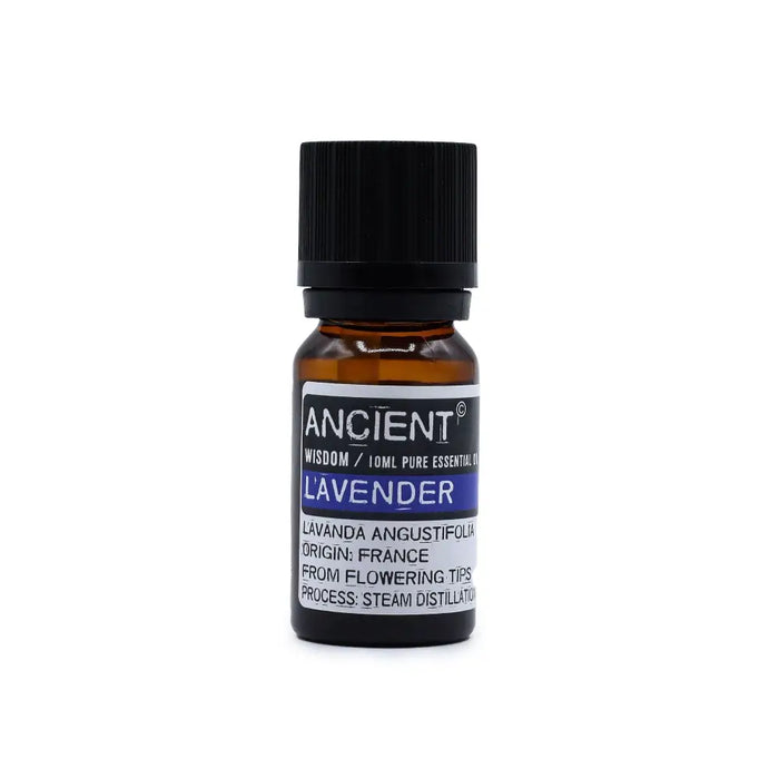 A small amber glass bottle of lavender essential oil with a black cap labeled ancient wisdom for skin sensitivity care