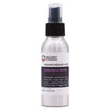 A sleek silver aluminum spray bottle with black pump labeled ancient wisdom aromatherapy mist lavender fennel essential oil with witch hazel