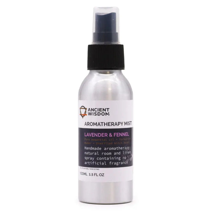 A sleek silver aluminum spray bottle with black pump labeled ancient wisdom aromatherapy mist lavender fennel essential oil with witch hazel
