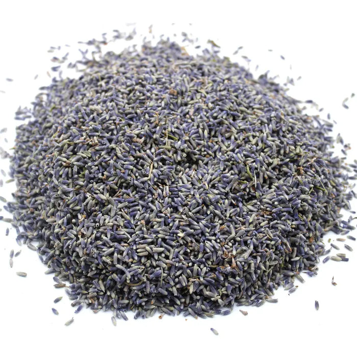 A pile of dried lavender flowers in soft purple with hints of green and gray showing 1kg of lavender buds