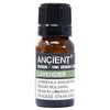 A small amber glass bottle with black cap labeled ancient wisdom 10ml lavender organic essential oil