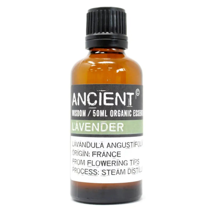 A 50ml amber glass bottle of ancient wisdom lavender organic essential oil with black cap suitable for skin sensitivity