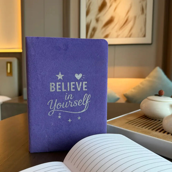 Purple textured lavender velvet notebook with silver foil stamping believe in yourself stars and heart design