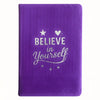 Purple lavender velvet notebook with silver believe in yourself text and star heart design on cover with 80 pages