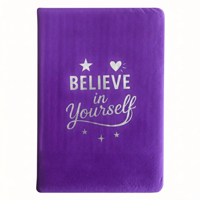 Purple lavender velvet notebook with silver believe in yourself text and star heart design on cover with 80 pages