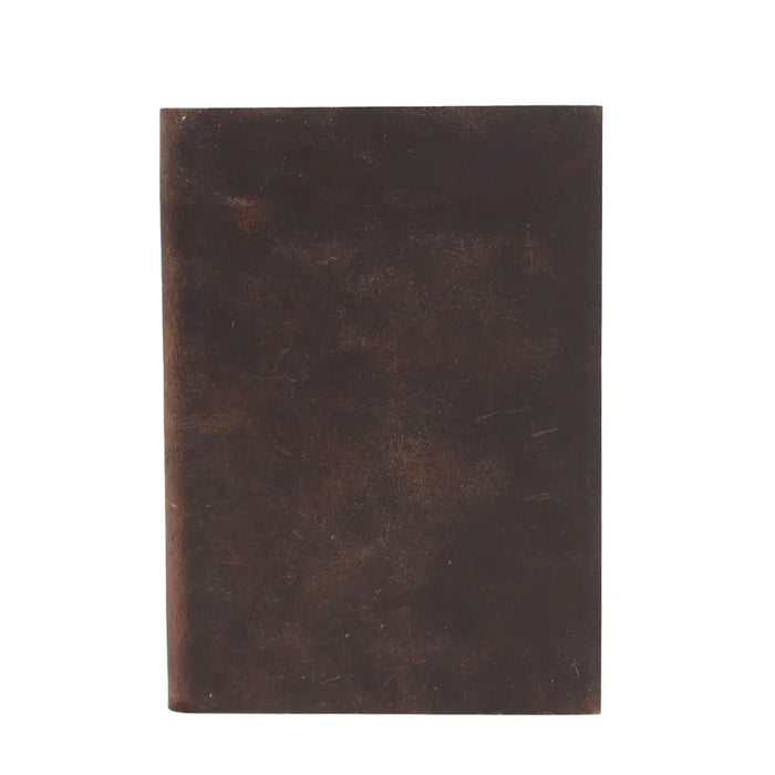Dark brown leather notebook with a textured worn cover in a 7 by 5 inch size for everyday writing use