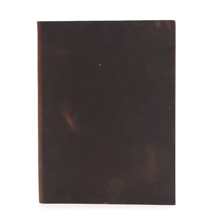 Dark brown leather notebook with a smooth, slightly worn leather cover, sized 8 by 6 inches