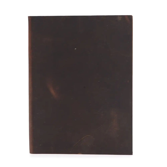 Dark brown leather notebook with a smooth, slightly worn leather cover, sized 8 by 6 inches