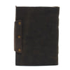 Dark brown leather notebook with matching strap fastened by three brass rivets sized 7 by 5 inches