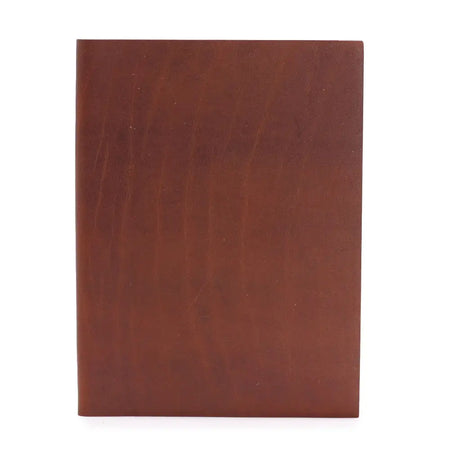 Dark tan leather notebook with a smooth textured surface measuring 8 by 6 inches