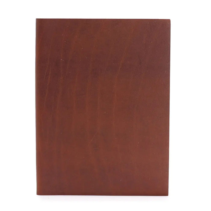 Dark tan leather notebook with a smooth textured surface measuring 8 by 6 inches