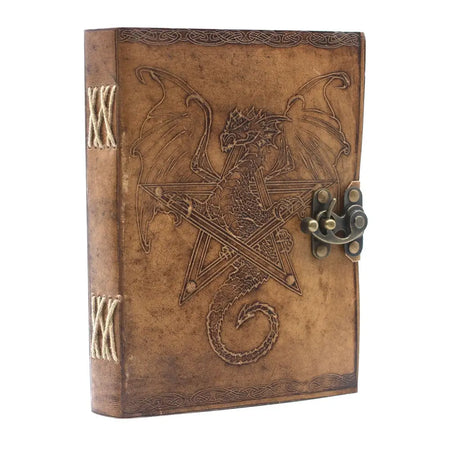 Brown leather notebook with an embossed dragon coiled around a pentagram and a brass clasp measuring 8 by 6 inches