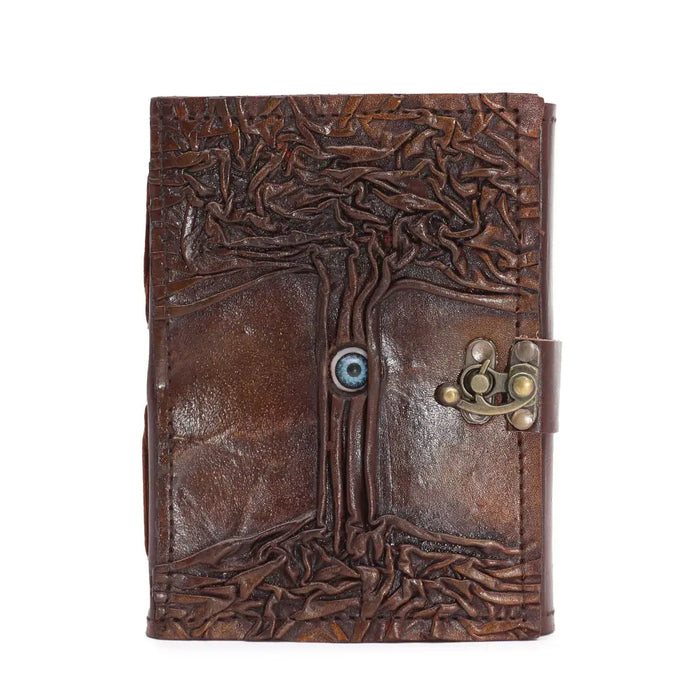 Brown leather notebook with embossed tree and blue evil eye detail on black tan cover sized 7 by 5 inches