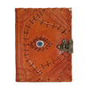 Tan leather notebook with stitched evil eye design and metal clasp in an 8 by 6 inch leather notebook