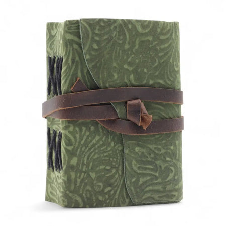 Leather notebook with green maze pattern embossed olive green leather cover and brown leather strap binding