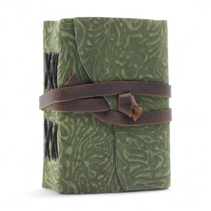 Leather notebook with green maze pattern embossed olive green leather cover and brown leather strap binding