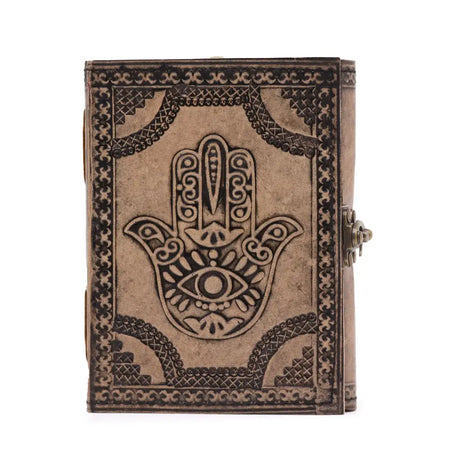 Brown leather notebook with antique grey hamsa hand embossed design and ornate border patterns, 7 by 5 inches