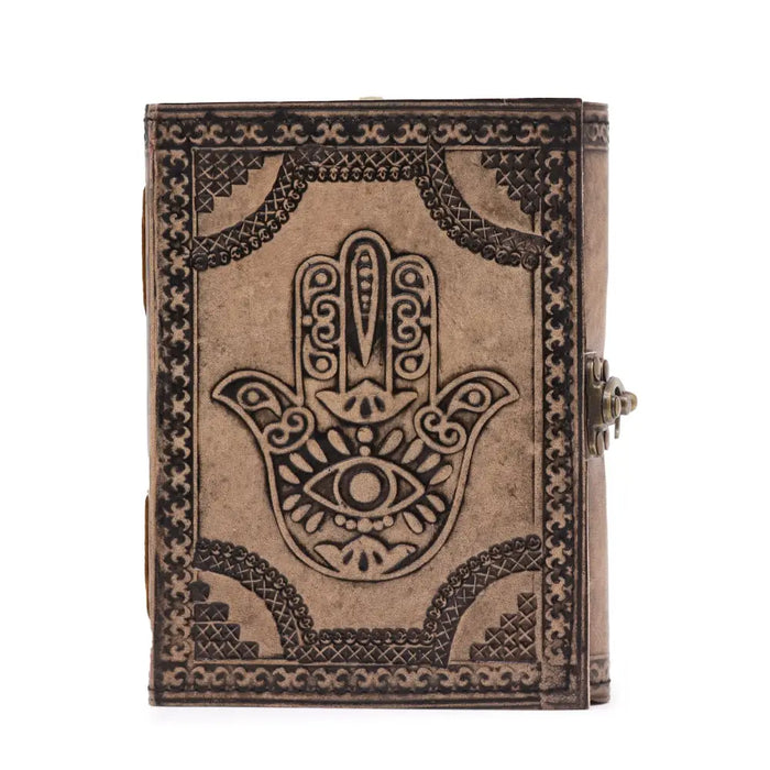 Brown leather notebook with antique grey hamsa hand embossed design and ornate border patterns, 7 by 5 inches