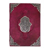 Deep burgundy leather notebook with ornate silver hamsa hand emblem and decorative corner accents 10x7 inches