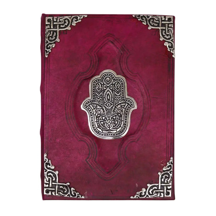 Deep burgundy leather notebook with ornate silver hamsa hand emblem and decorative corner accents 10x7 inches