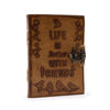 Brown leather notebook with embossed life is better with friends text bird and star designs and metal clasp