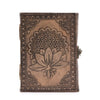 Antique grey leather notebook with embossed lotus mandala and geometric patterns on bronze-colored cover