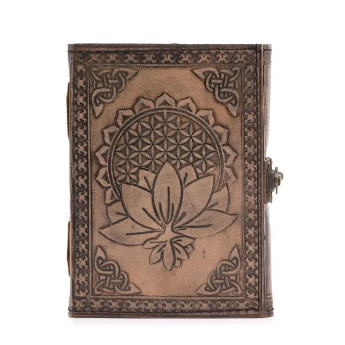 Antique grey leather notebook with embossed lotus mandala and geometric patterns on bronze-colored cover