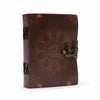 Brown leather notebook with lotus mandala red and gold design and brass clasp deckled edges 7 by 5 inches