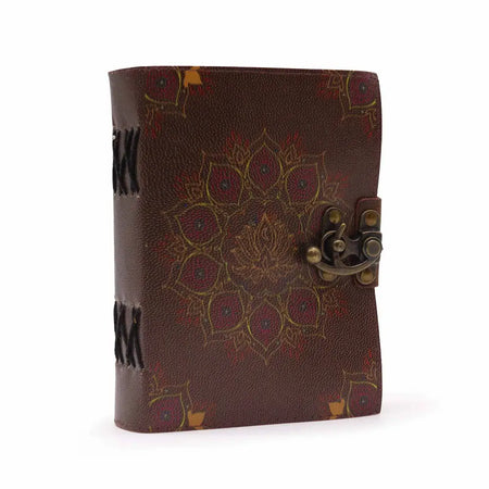 Brown leather notebook with lotus mandala red and gold design and brass clasp deckled edges 7 by 5 inches