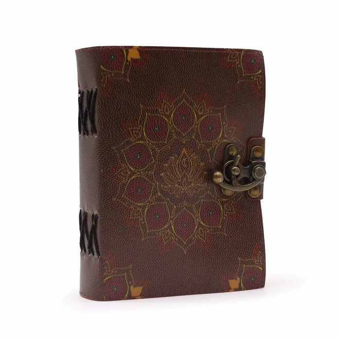 Brown leather notebook with lotus mandala red and gold design and brass clasp deckled edges 7 by 5 inches