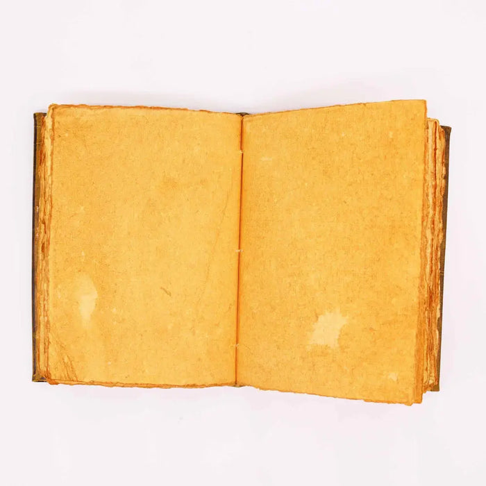 An open leather notebook owl with aged yellowed pages and a worn brown leather binding measuring 10 by 7 inches