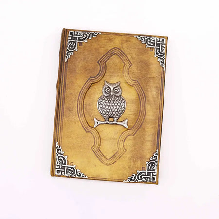 A vintage leather notebook with a golden-brown cover featuring a silver owl emblem and metal corner accents
