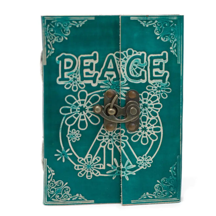 Teal leather notebook with a vintage metal clasp and white peace symbol design sized 7 by 5 inches