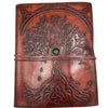 Brown leather notebook with embossed tree of life design and green gemstone on leather cover 8 by 6 inches