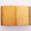 An open leather notebook with aged yellowed pages and dark binding featuring a triple moon design